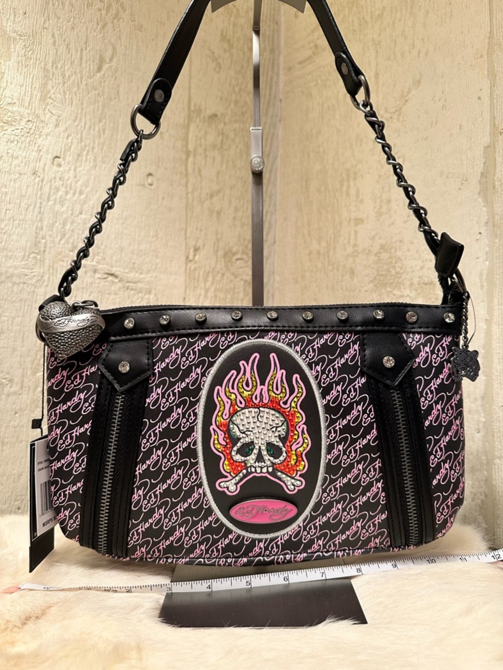 Ed Hardy Black & Pink Flame Skull Chain Shoulder Bag